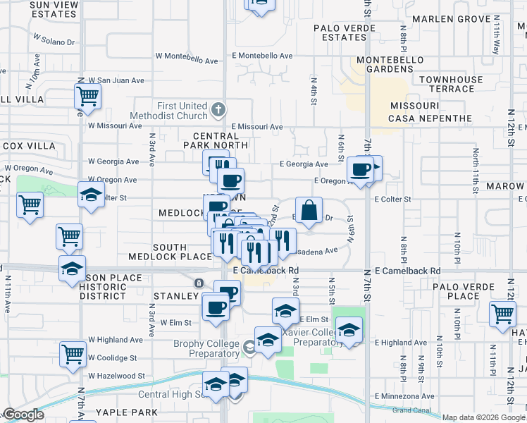 map of restaurants, bars, coffee shops, grocery stores, and more near 36 East Orange Drive in Phoenix