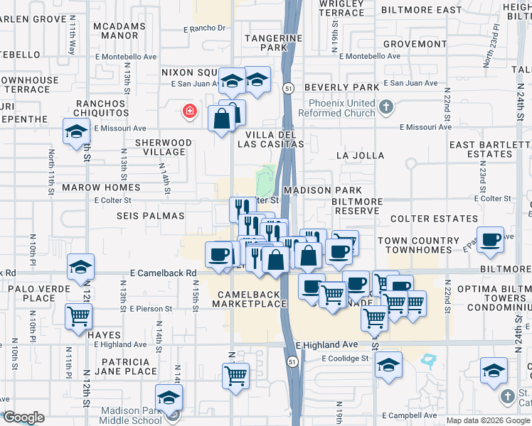 map of restaurants, bars, coffee shops, grocery stores, and more near 1701 East Colter Street in Phoenix