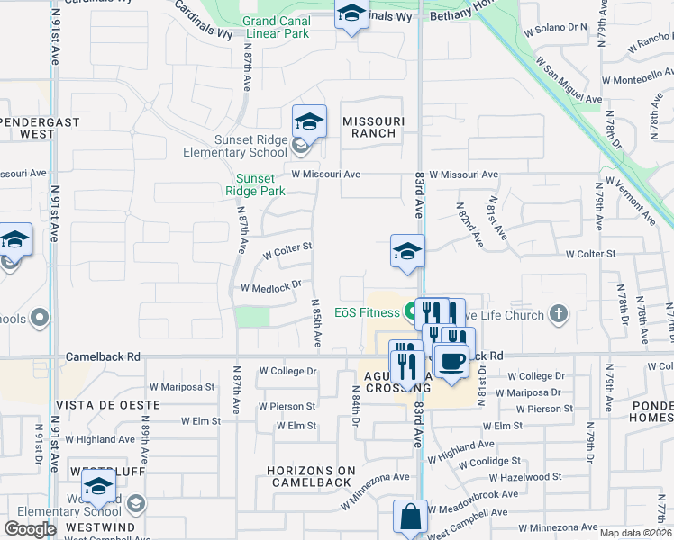 map of restaurants, bars, coffee shops, grocery stores, and more near 8455 West Oregon Avenue in Glendale