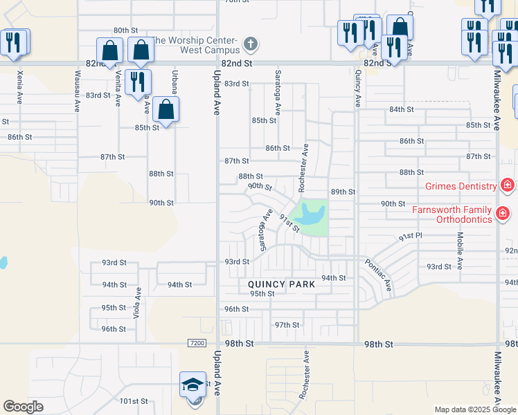 map of restaurants, bars, coffee shops, grocery stores, and more near 7105 91st Street in Lubbock