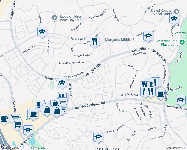 map of restaurants, bars, coffee shops, grocery stores, and more near 42020 Veneto Drive in Temecula