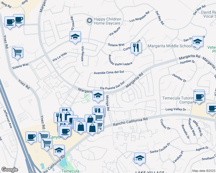 map of restaurants, bars, coffee shops, grocery stores, and more near 29862 Via Puesta Del Sol in Temecula