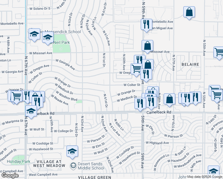 map of restaurants, bars, coffee shops, grocery stores, and more near 6060 West Colter Street in Glendale