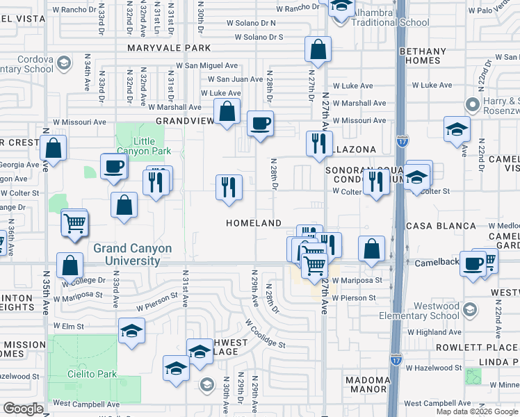 map of restaurants, bars, coffee shops, grocery stores, and more near 5131 North 29th Avenue in Phoenix