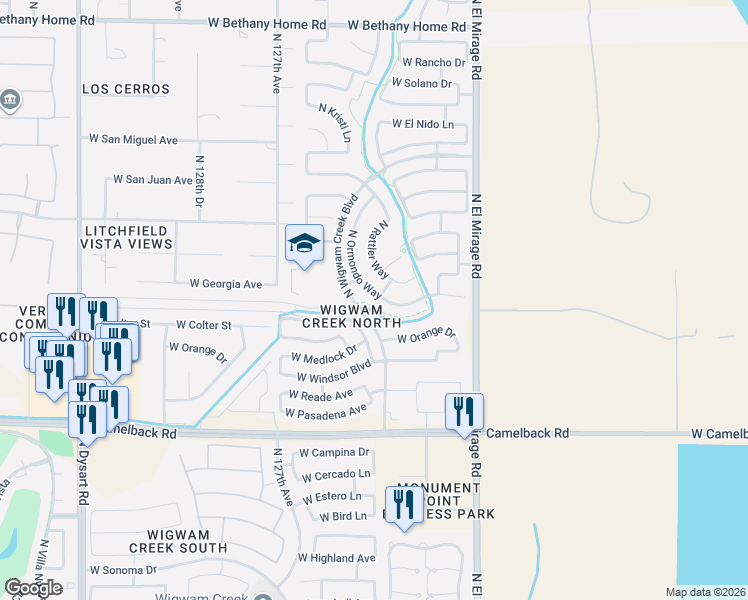 map of restaurants, bars, coffee shops, grocery stores, and more near 5398 North Ormondo Way in Litchfield Park