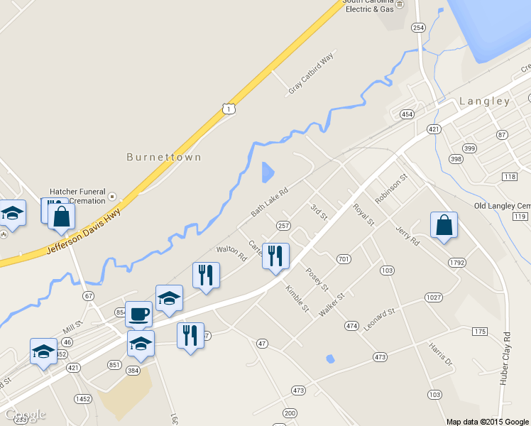map of restaurants, bars, coffee shops, grocery stores, and more near 544 Reese St in Burnettown