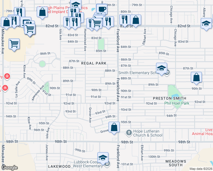 map of restaurants, bars, coffee shops, grocery stores, and more near 5813 89th Street in Lubbock