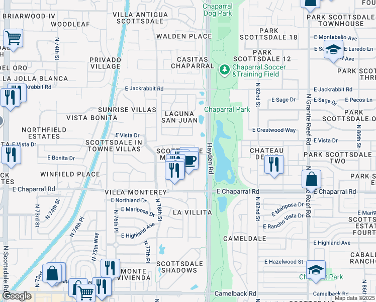 map of restaurants, bars, coffee shops, grocery stores, and more near 7938 East Sandalwood Drive in Scottsdale