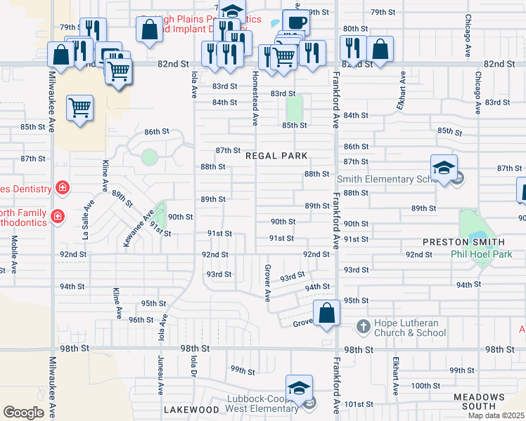 map of restaurants, bars, coffee shops, grocery stores, and more near 5919 88th Place in Lubbock