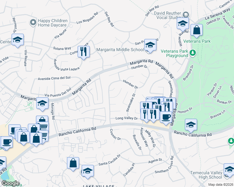map of restaurants, bars, coffee shops, grocery stores, and more near 30301 Rogue Circle in Temecula
