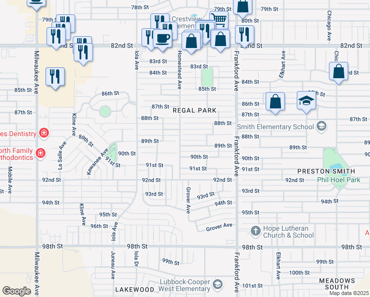 map of restaurants, bars, coffee shops, grocery stores, and more near 5919 88th Place in Lubbock