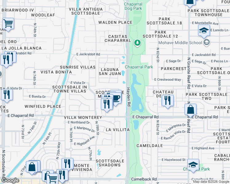map of restaurants, bars, coffee shops, grocery stores, and more near 7938 East Sandalwood Drive in Scottsdale