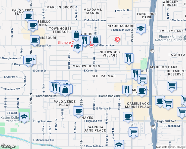 map of restaurants, bars, coffee shops, grocery stores, and more near 1242 East Colter Street in Phoenix
