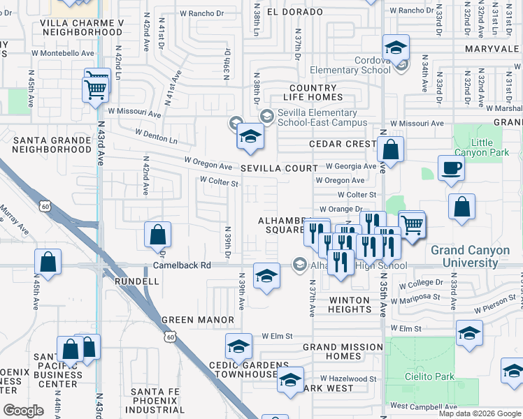 map of restaurants, bars, coffee shops, grocery stores, and more near in Phoenix