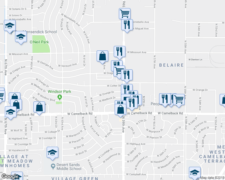 map of restaurants, bars, coffee shops, grocery stores, and more near 5932 West Colter Street in Glendale