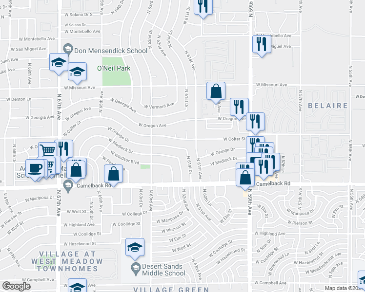 map of restaurants, bars, coffee shops, grocery stores, and more near 5201 North 62nd Avenue in Glendale