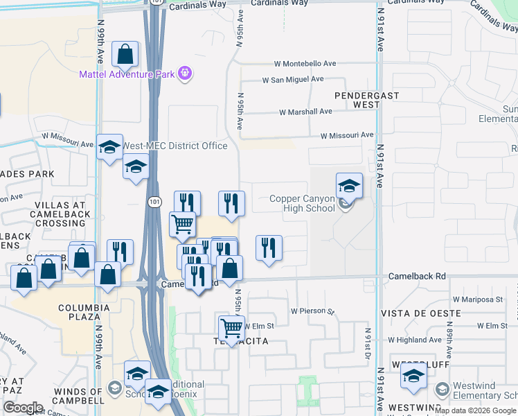 map of restaurants, bars, coffee shops, grocery stores, and more near 5364 North 94th Lane in Glendale