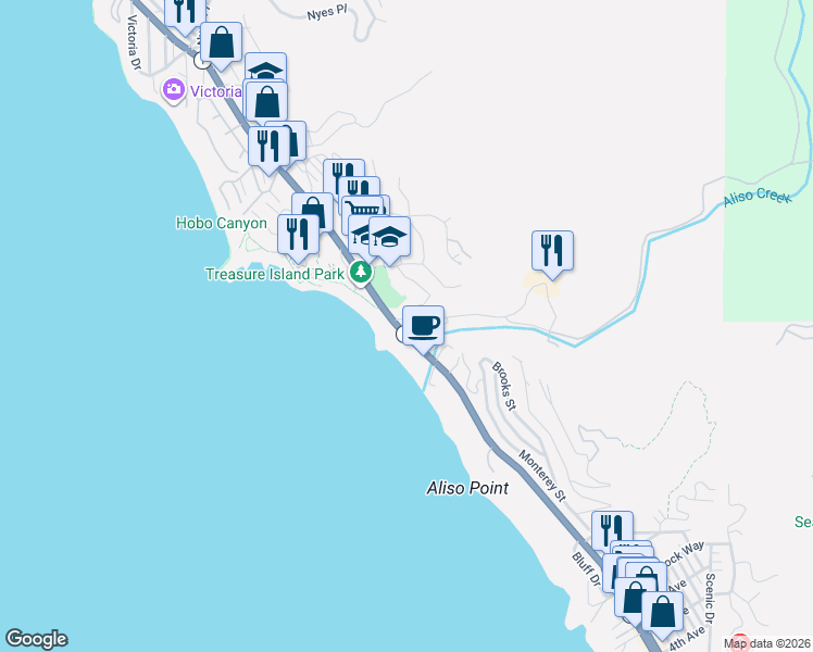 map of restaurants, bars, coffee shops, grocery stores, and more near 31051 Aliso Circle in Laguna Beach