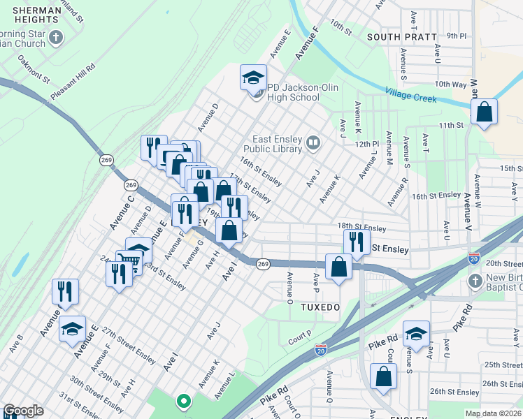 map of restaurants, bars, coffee shops, grocery stores, and more near 807 17th Street Ensley in Birmingham