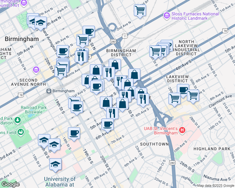 map of restaurants, bars, coffee shops, grocery stores, and more near 2324 3rd Avenue South in Birmingham