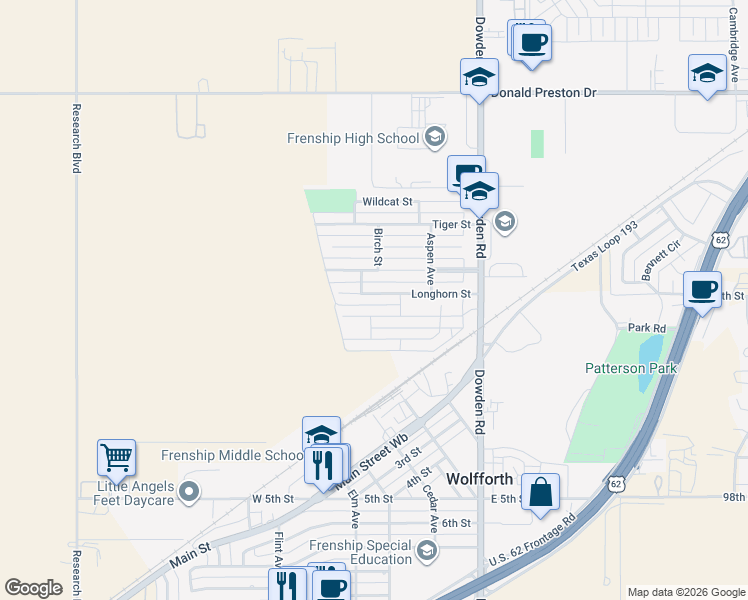 map of restaurants, bars, coffee shops, grocery stores, and more near 319 Longhorn Street in Wolfforth