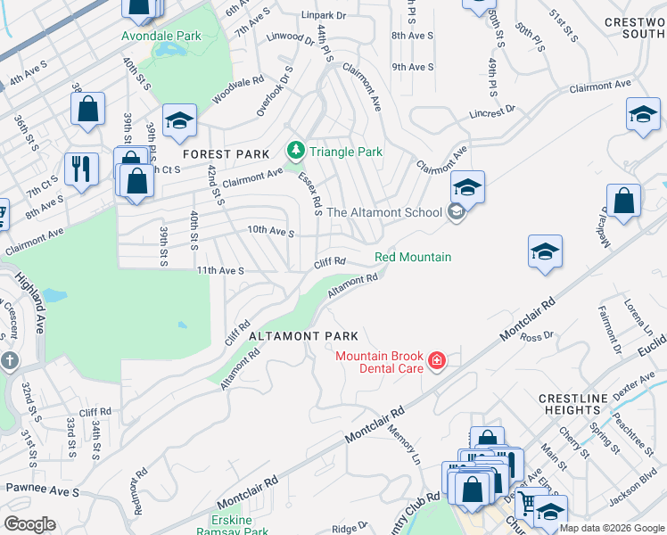 map of restaurants, bars, coffee shops, grocery stores, and more near 1007 Essex Road in Birmingham