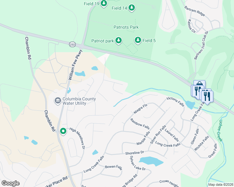 map of restaurants, bars, coffee shops, grocery stores, and more near 219 Kickham Lane in Grovetown