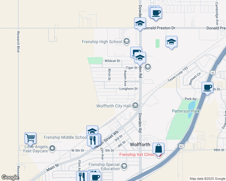 map of restaurants, bars, coffee shops, grocery stores, and more near 313 Longhorn Street in Wolfforth