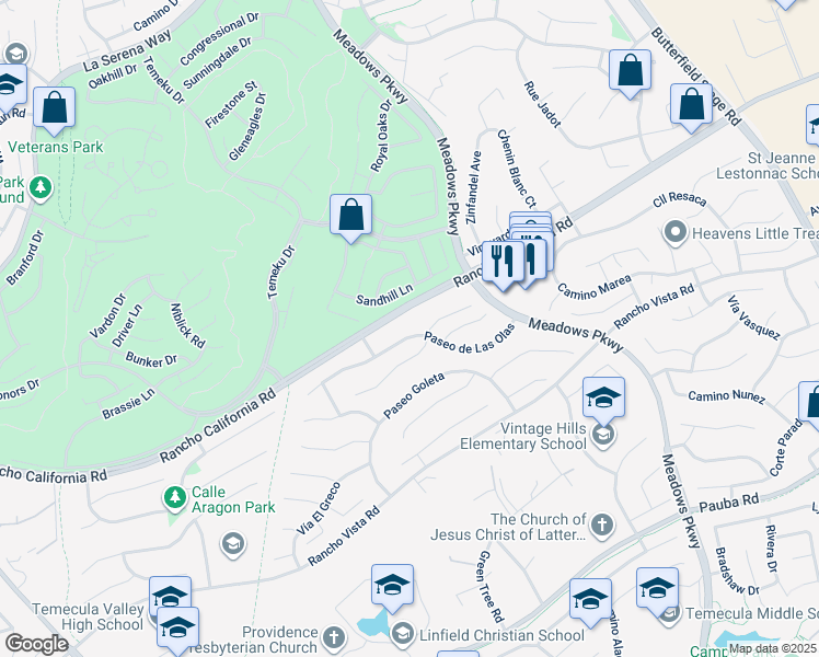 map of restaurants, bars, coffee shops, grocery stores, and more near 31602 Paseo de Las Olas in Temecula