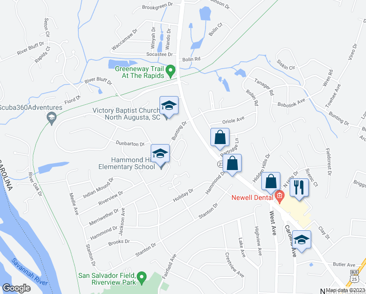 map of restaurants, bars, coffee shops, grocery stores, and more near 146 Hammond Place Circle in North Augusta