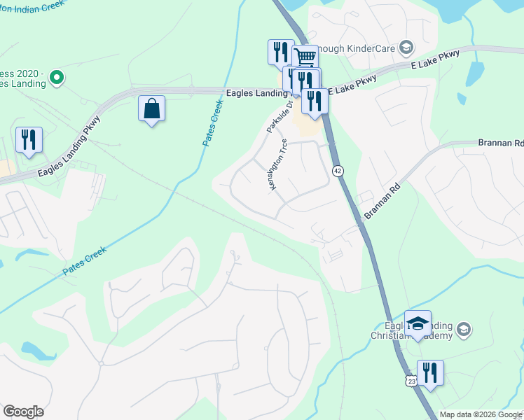 map of restaurants, bars, coffee shops, grocery stores, and more near 158 Parkside Drive in Stockbridge