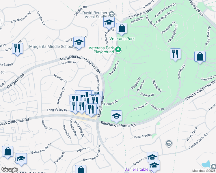 map of restaurants, bars, coffee shops, grocery stores, and more near 41513 Ashburn Road in Temecula