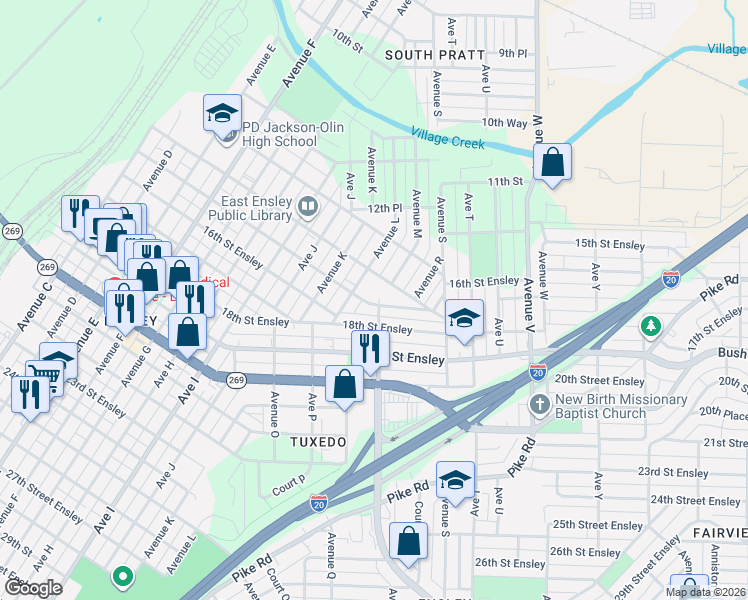 map of restaurants, bars, coffee shops, grocery stores, and more near 1216 14th Street Ensley in Birmingham