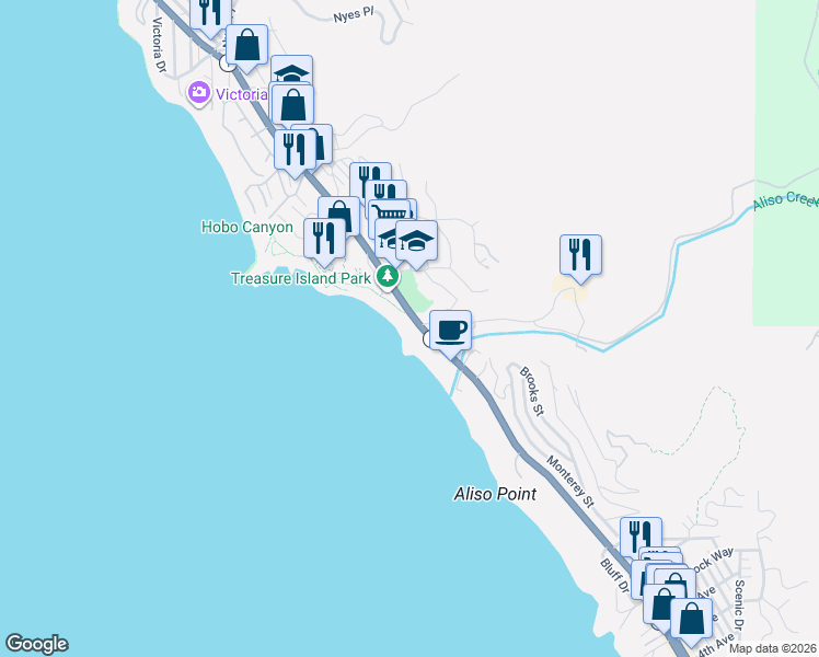 map of restaurants, bars, coffee shops, grocery stores, and more near 31001 Coast Highway in Laguna Beach