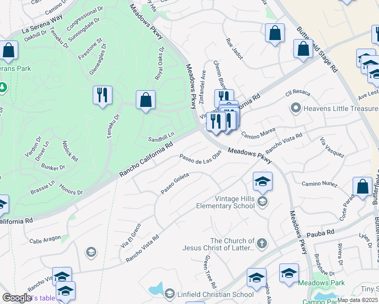 map of restaurants, bars, coffee shops, grocery stores, and more near 31670 Corte Encinas in Temecula