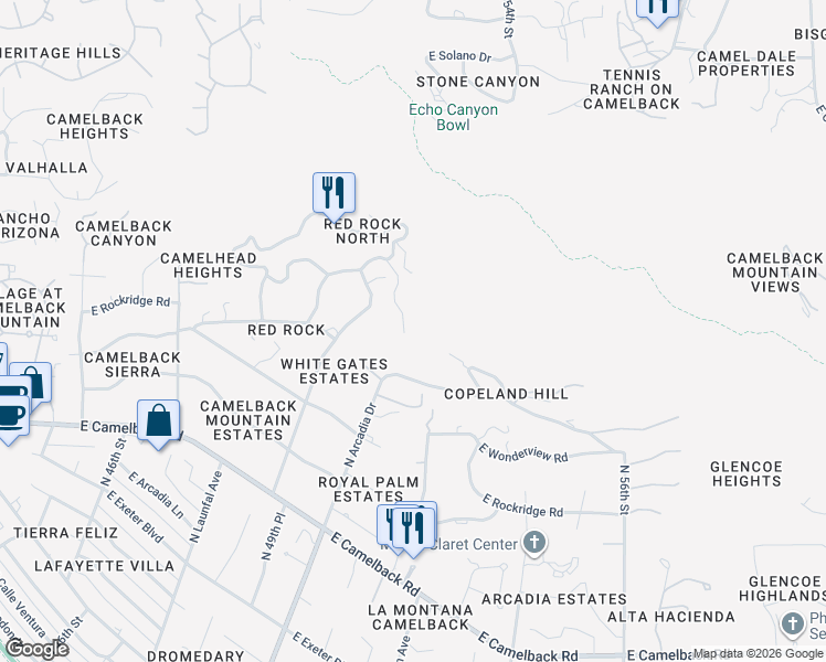 map of restaurants, bars, coffee shops, grocery stores, and more near 5500 North Dromedary Road in Phoenix