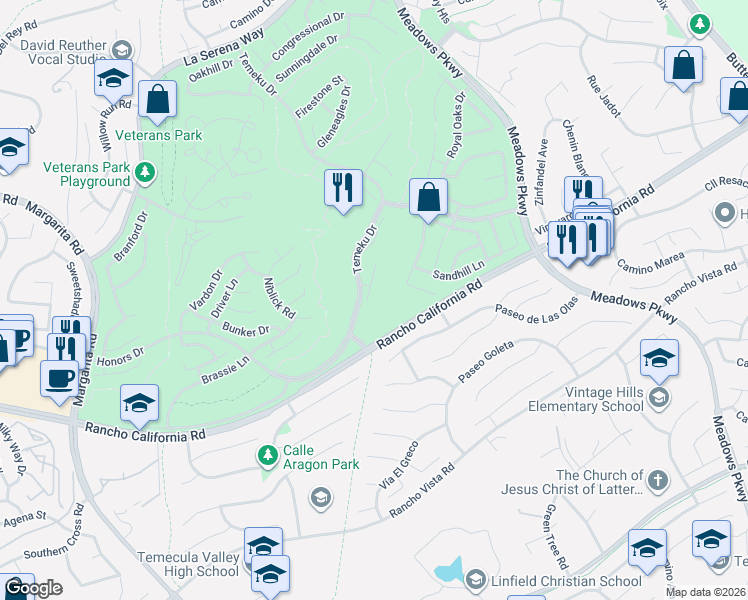 map of restaurants, bars, coffee shops, grocery stores, and more near 41848 Cascades Court in Temecula