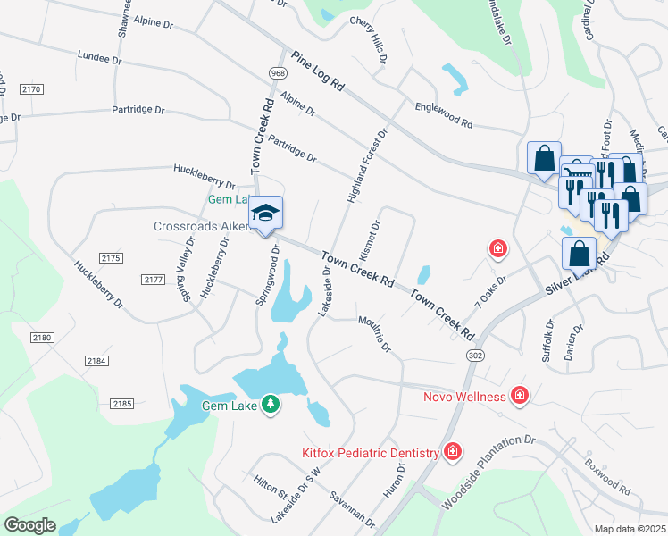 map of restaurants, bars, coffee shops, grocery stores, and more near 143 Highland Forest Drive in Aiken