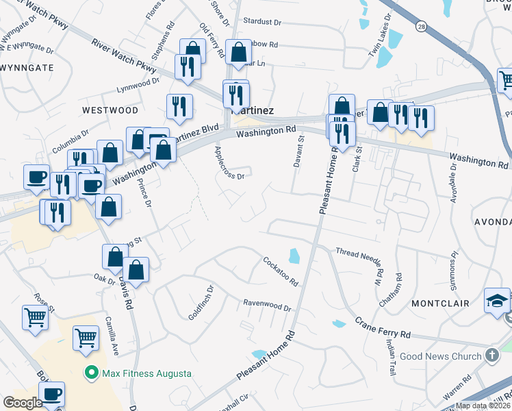 map of restaurants, bars, coffee shops, grocery stores, and more near 2219 Pleasant Drive in Martinez