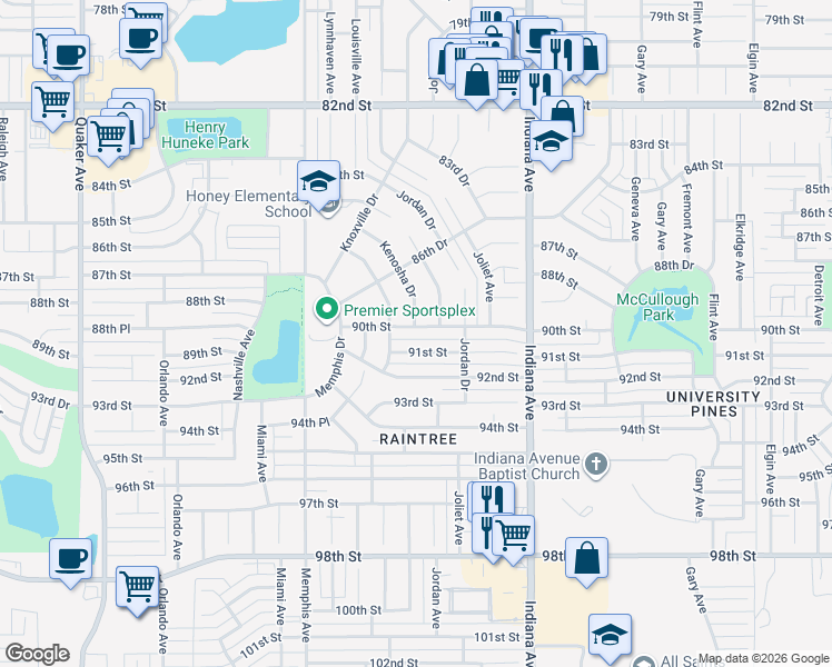 map of restaurants, bars, coffee shops, grocery stores, and more near 8617 Kenosha Drive in Lubbock