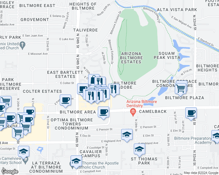 map of restaurants, bars, coffee shops, grocery stores, and more near 5223 North 24th Street in Phoenix