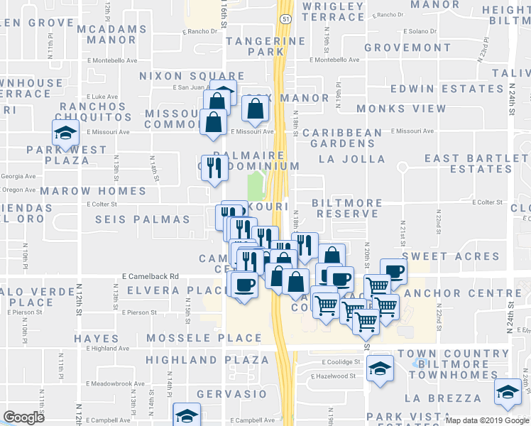 map of restaurants, bars, coffee shops, grocery stores, and more near 1701 East Oregon Avenue in Phoenix