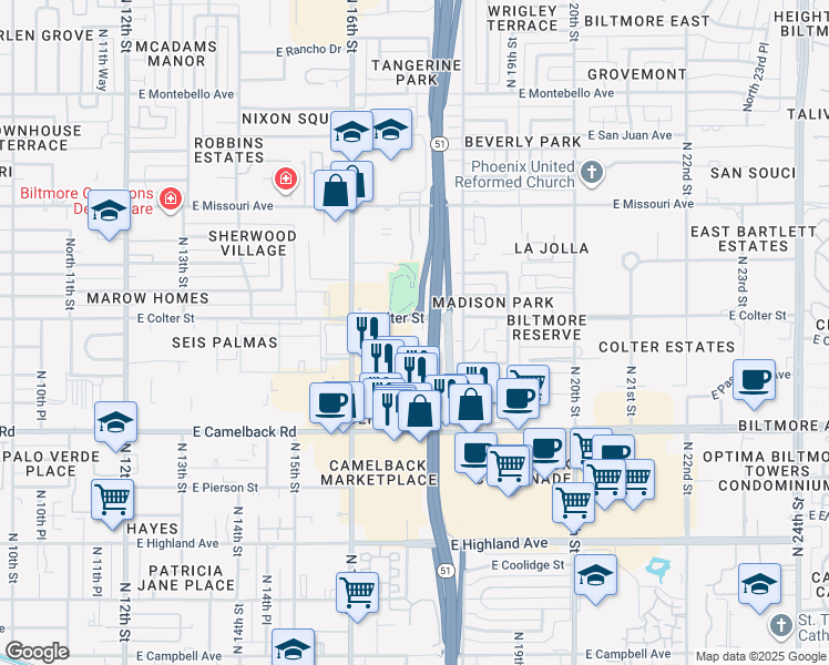 map of restaurants, bars, coffee shops, grocery stores, and more near 1701 East Oregon Avenue in Phoenix