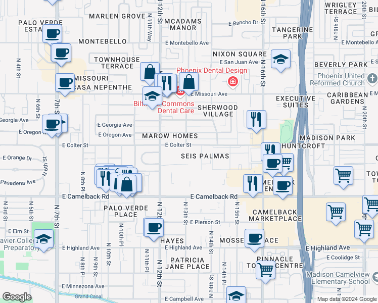 map of restaurants, bars, coffee shops, grocery stores, and more near 1242 East Colter Street in Phoenix
