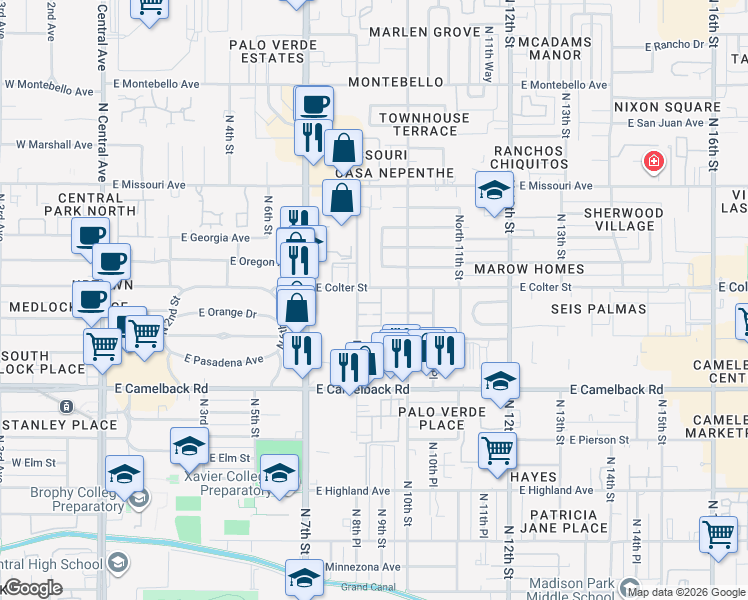 map of restaurants, bars, coffee shops, grocery stores, and more near 920 East Colter Street in Phoenix