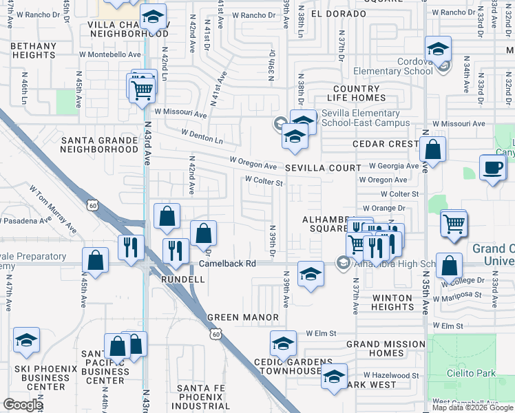 map of restaurants, bars, coffee shops, grocery stores, and more near 5201 North 40th Drive in Phoenix