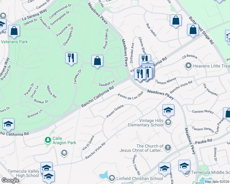map of restaurants, bars, coffee shops, grocery stores, and more near 31631 Sandhill Lane in Temecula