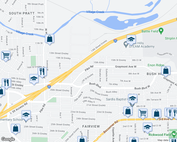 map of restaurants, bars, coffee shops, grocery stores, and more near 2741 Pike Road in Birmingham
