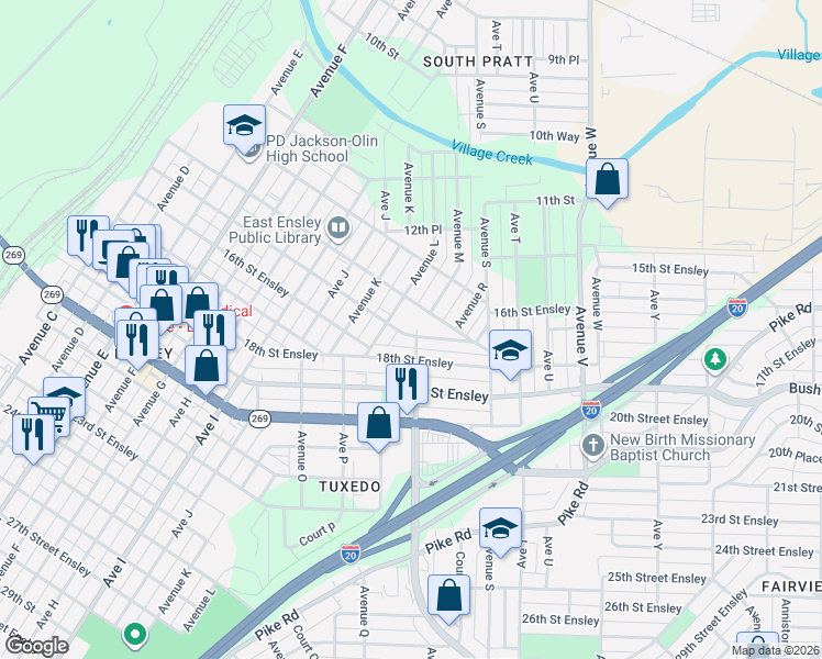 map of restaurants, bars, coffee shops, grocery stores, and more near 1216 14th Street Ensley in Birmingham