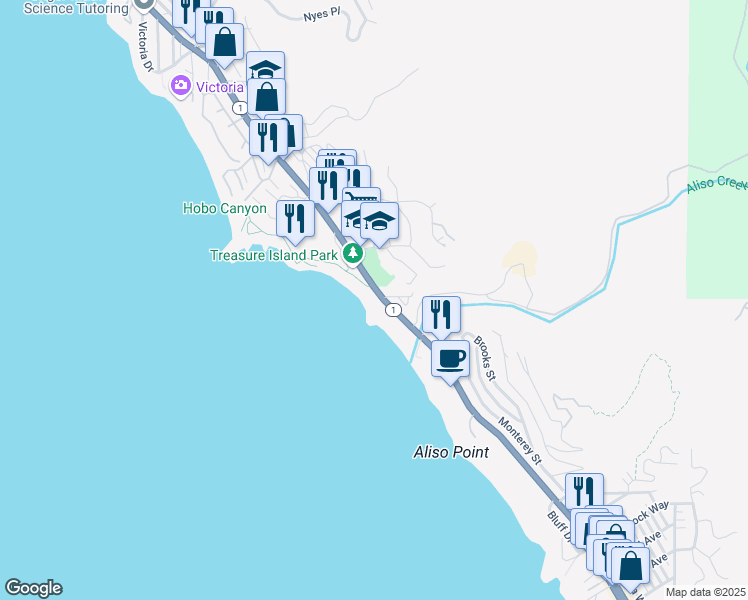 map of restaurants, bars, coffee shops, grocery stores, and more near in Laguna Beach
